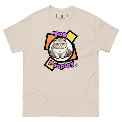 Men's beige t-shirt with a printed graphic of a grumpy cat with the words, 'Too Peopley'. Designed by Wizard Prints.