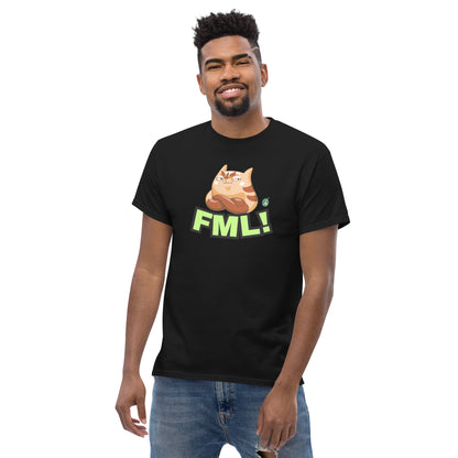 A man standing and wearing a black t-shirt with a printed graphic of a cat with the words, 'FML!'. Designed by Wizard Prints.