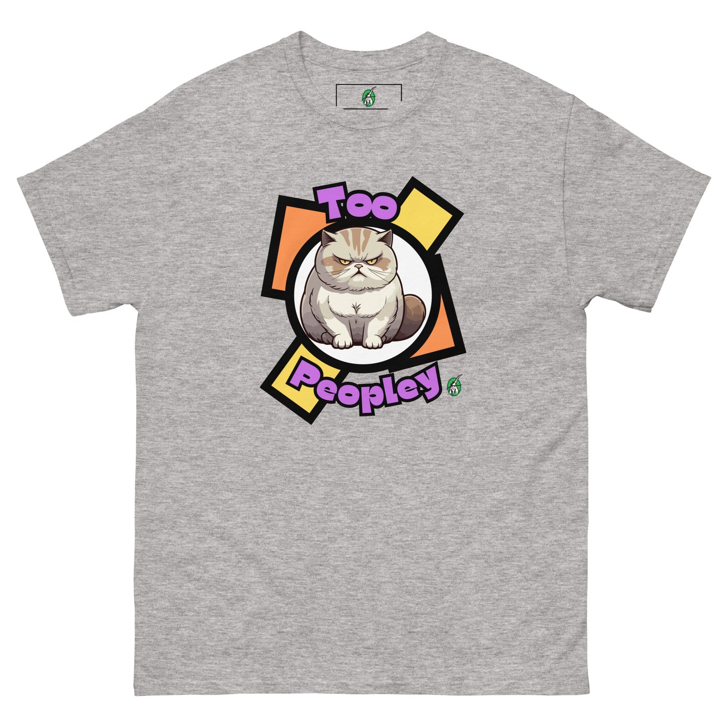 Men's grey t-shirt with a printed graphic of a grumpy cat with the words, 'Too Peopley'. Designed by Wizard Prints.
