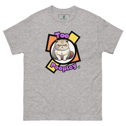 Men's grey t-shirt with a printed graphic of a grumpy cat with the words, 'Too Peopley'. Designed by Wizard Prints.