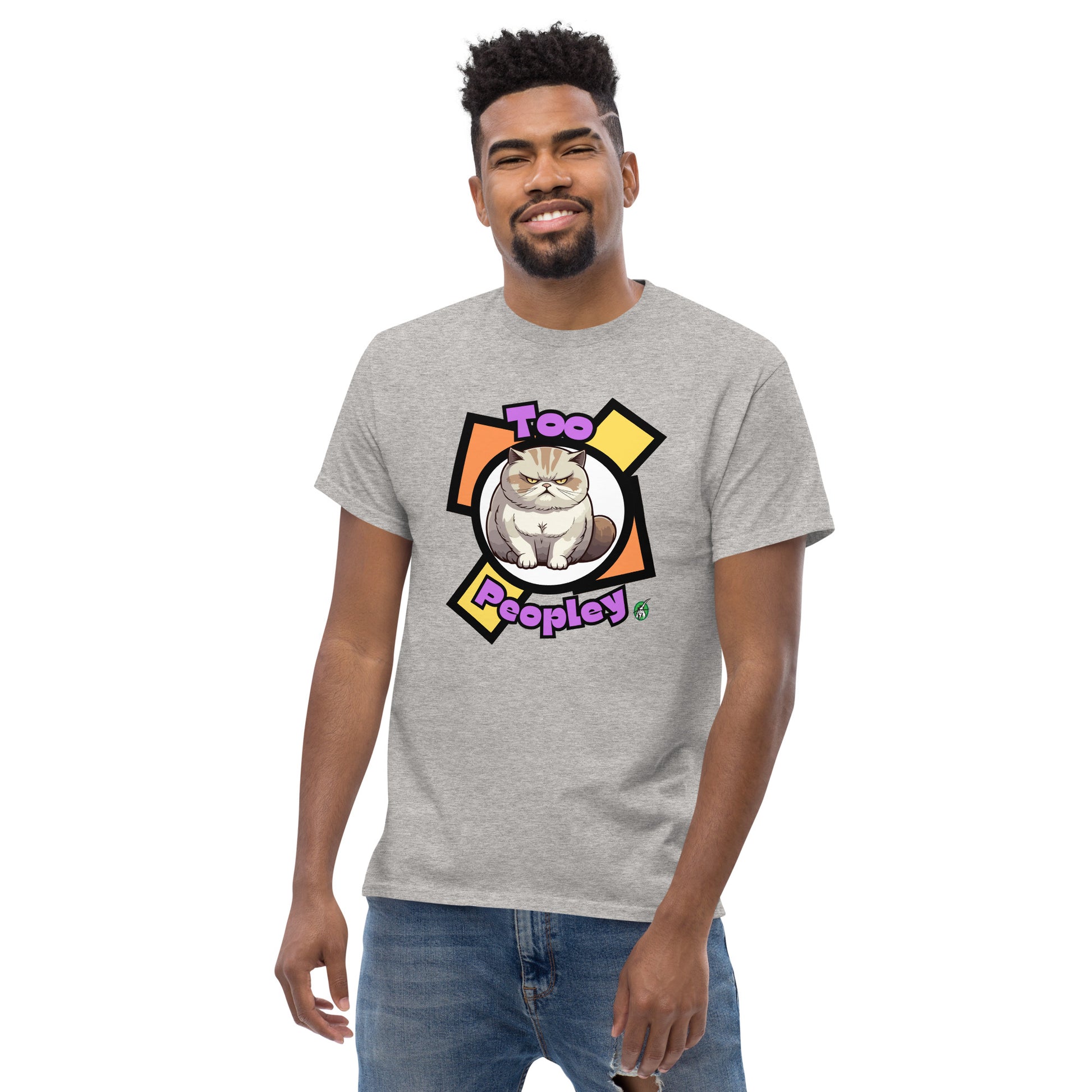 A man standing and wearing a grey t-shirt with a printed graphic of a grumpy cat with the words, 'Too Peopley'. Designed by Wizard Prints.ockup