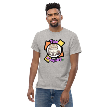 A man standing and wearing a grey t-shirt with a printed graphic of a grumpy cat with the words, 'Too Peopley'. Designed by Wizard Prints.ockup
