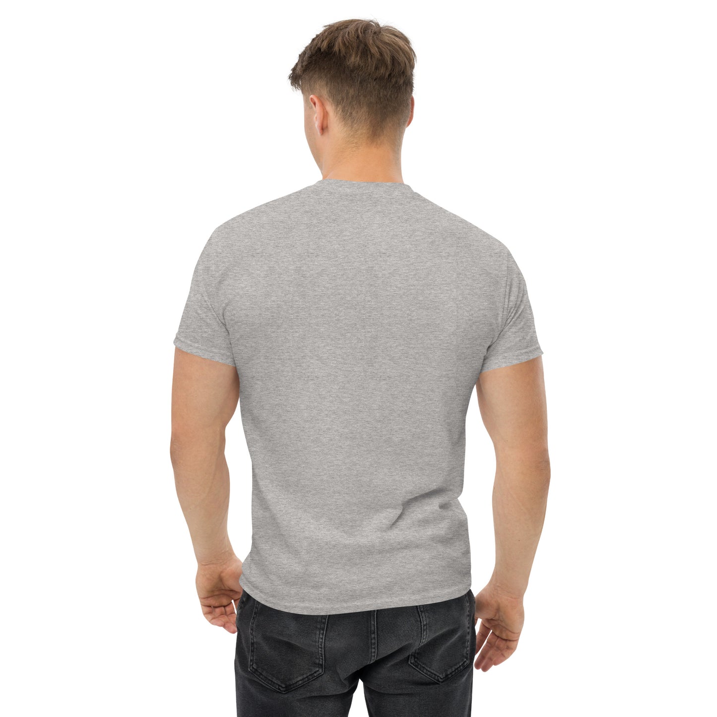 Back view of a men's grey t-shirt by Wizard Prints Shop