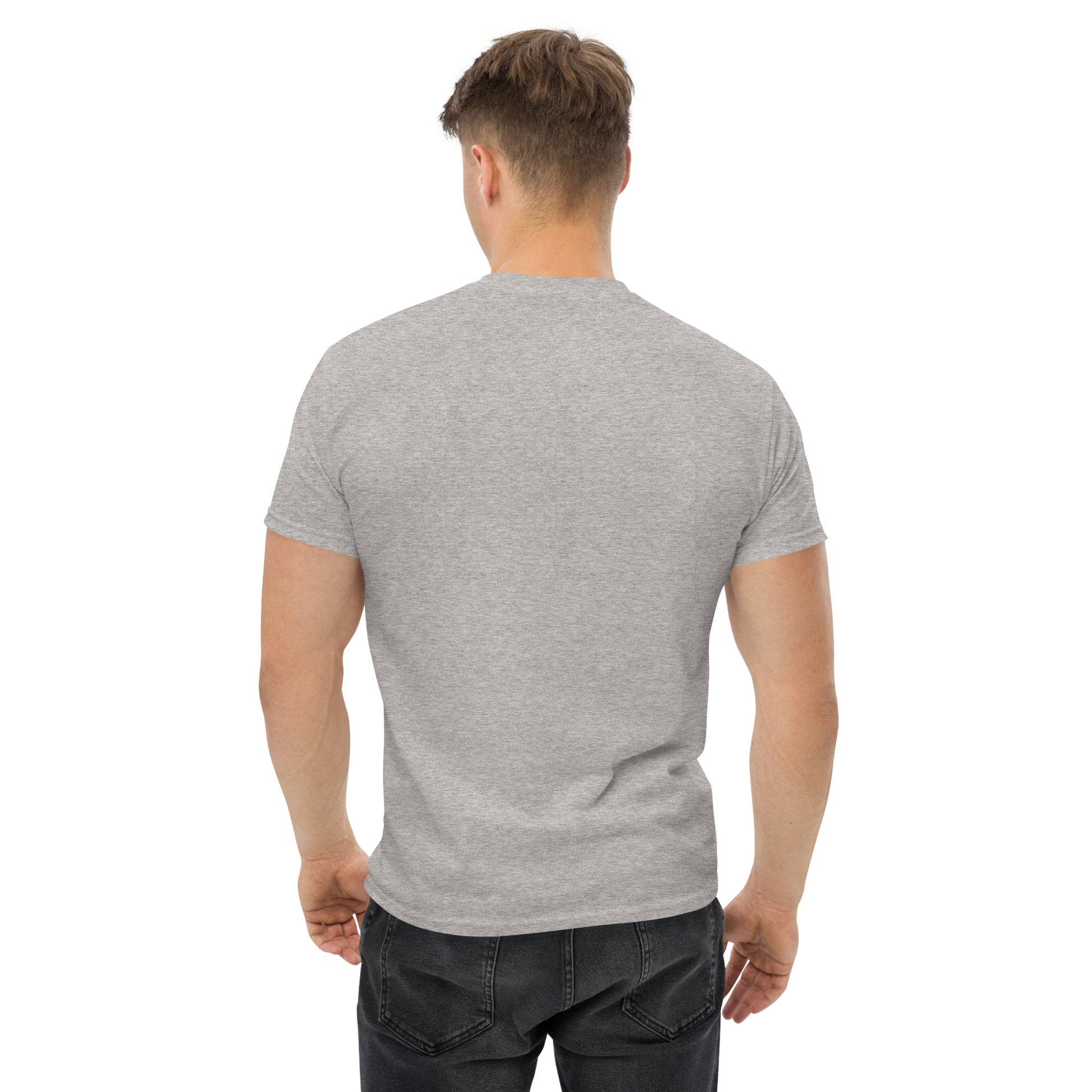 Back view of a men's grey t-shirt by Wizard Prints Shop