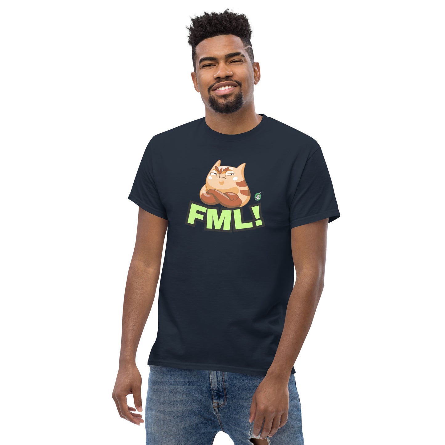 A man standing and wearing a navy t-shirt with a printed graphic of a cat with the words, 'FML!'. Designed by Wizard Prints.
