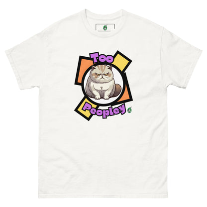 Men's white t-shirt with a printed graphic of a grumpy cat with the words, 'Too Peopley'. Designed by Wizard Prints.