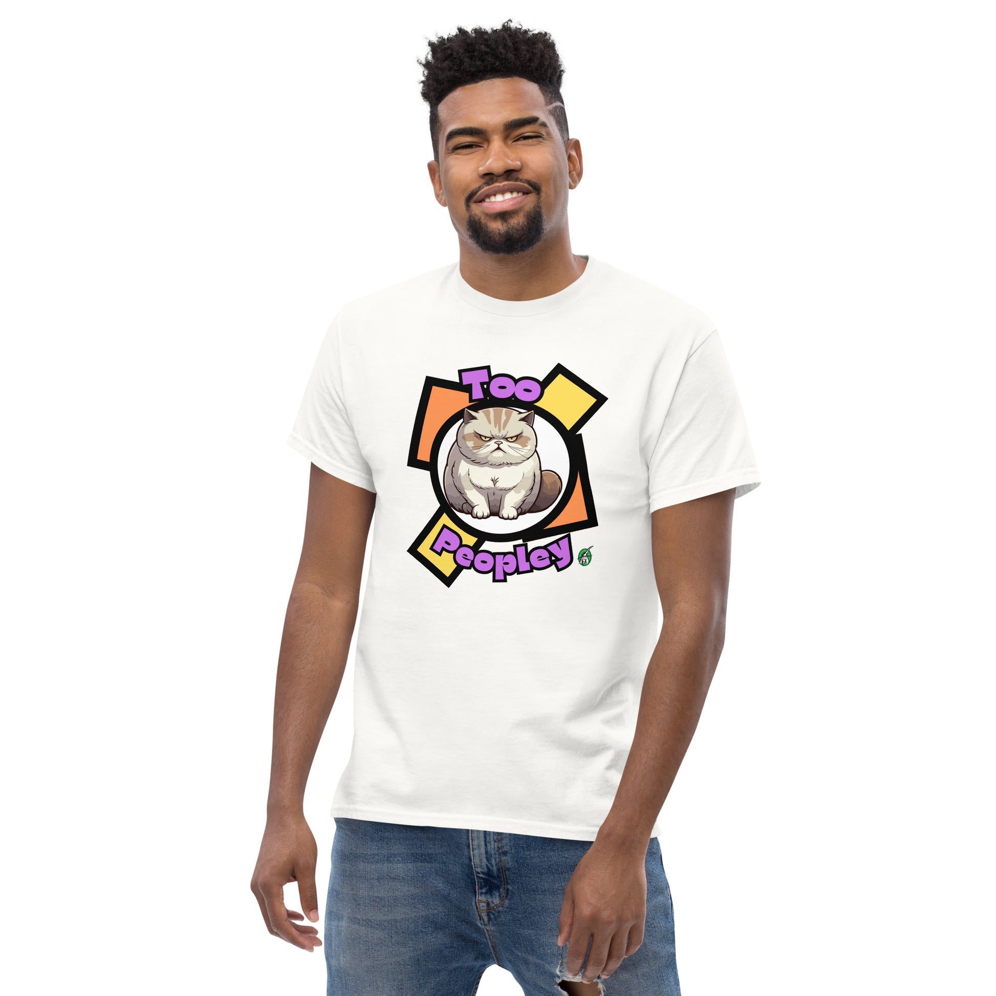 A man standing and wearing a white t-shirt with a printed graphic of a grumpy cat with the words, 'Too Peopley'. Designed by Wizard Prints.