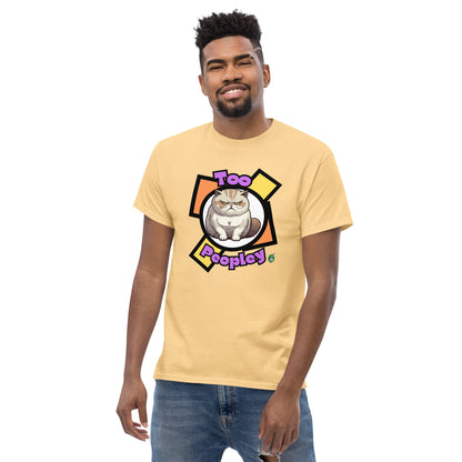A man standing and wearing a yellow haze t-shirt with a printed graphic of a grumpy cat with the words, 'Too Peopley'. Designed by Wizard Prints.