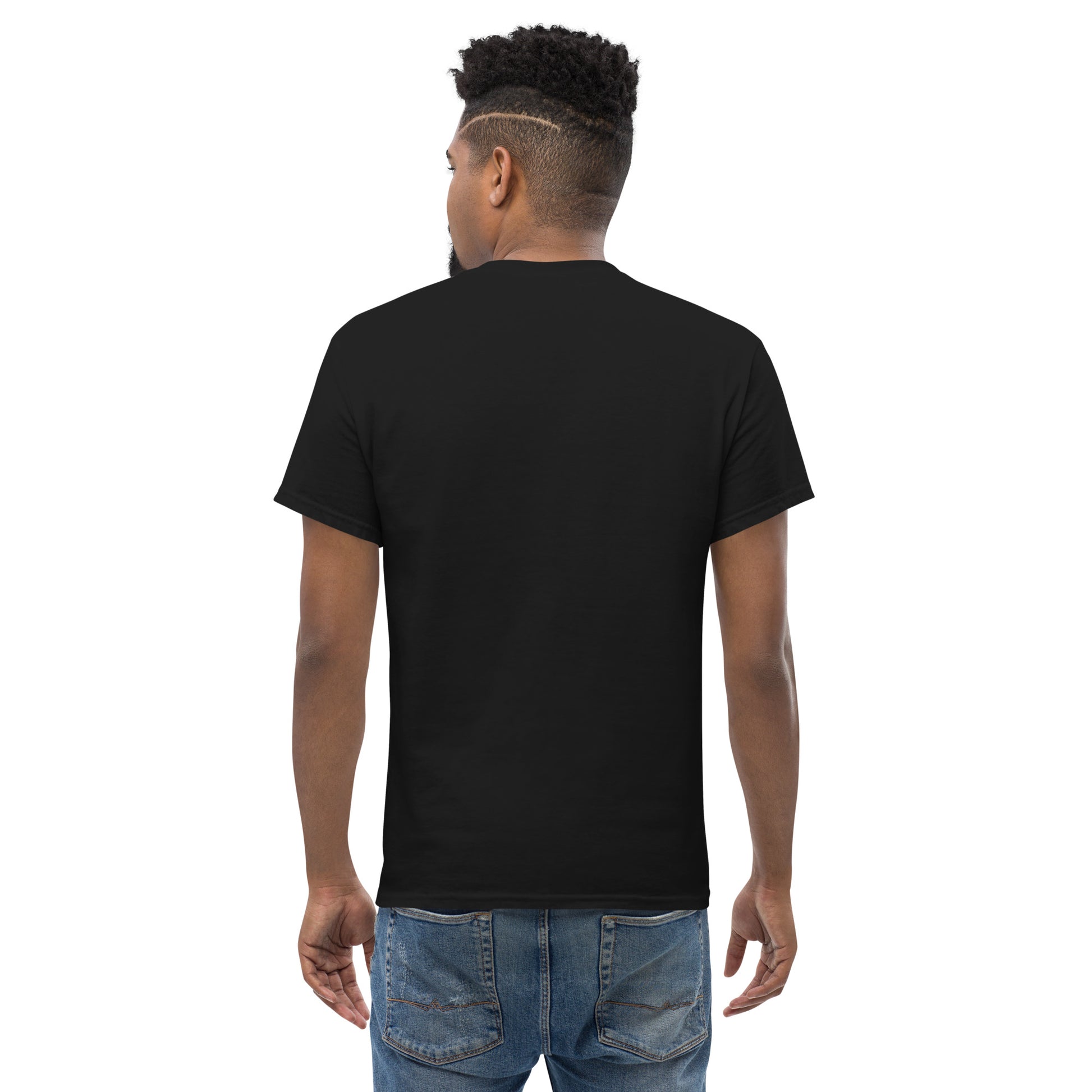 A man standing with his back turned, wearing a black T-Shirt. Designed by Wizard Prints. 