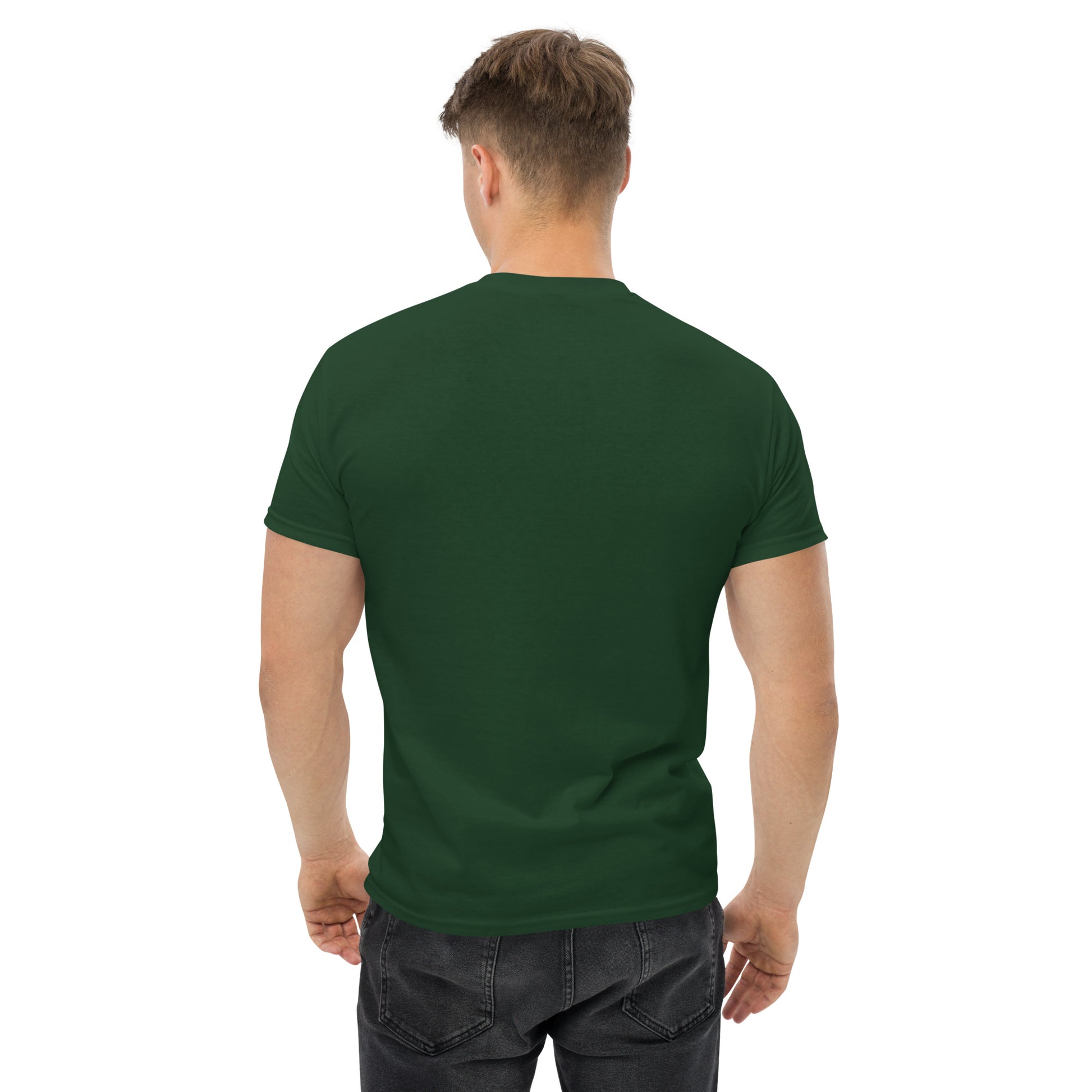 Back view of a men's forest green t-shirt by Wizard Prints Shop.