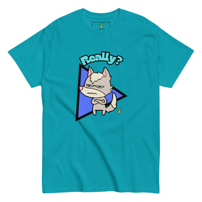 Men's tropical blue t-shirt with a printed graphic of a grumpy fox with the word, 'Really?'. Designed by Wizard Prints.