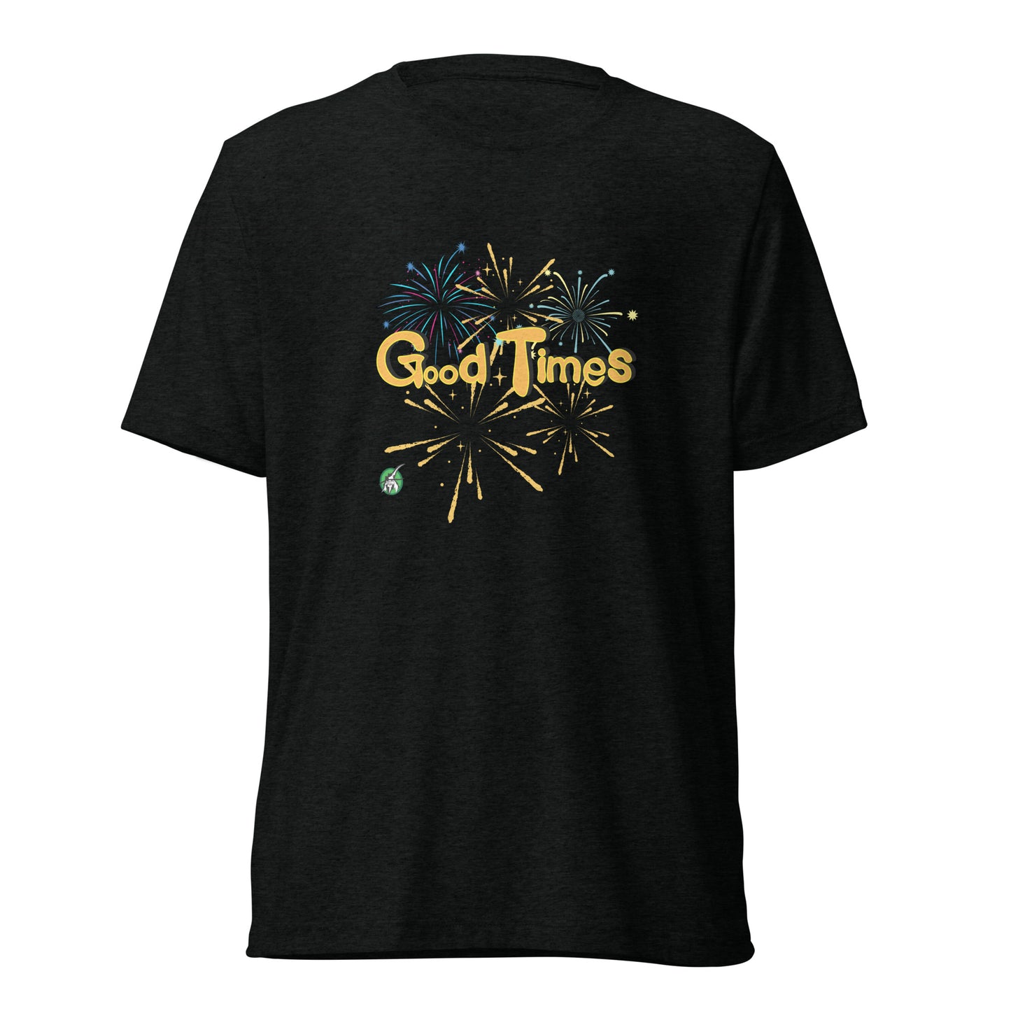 Men's black tee shirt with a printed graphic of fireworks with the words, Good Times. Designed by Wizard Prints