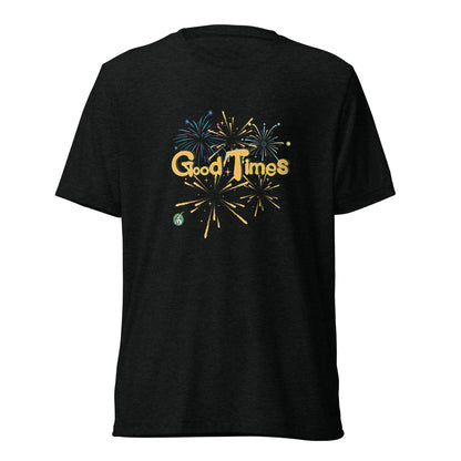 Men's black tee shirt with a printed graphic of fireworks with the words, Good Times. Designed by Wizard Prints