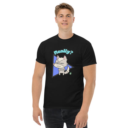 A man standing wearing a black t-shirt with a printed graphic of a grumpy fox with the word, 'Really?'. Designed by Wizard Prints.