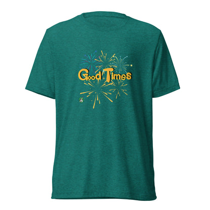 Men's blue green tee shirt with a printed graphic of fireworks with the words, Good Times. Designed by Wizard Prints