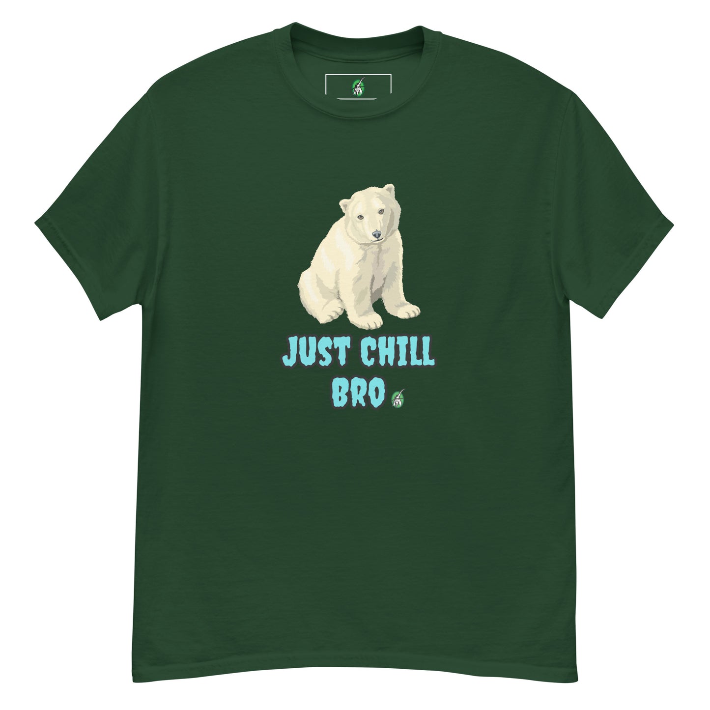 Men's green t-shirt with a printed graphic of a bear with the words, 'Just Chill Bro'. Designed by Wizard Prints.