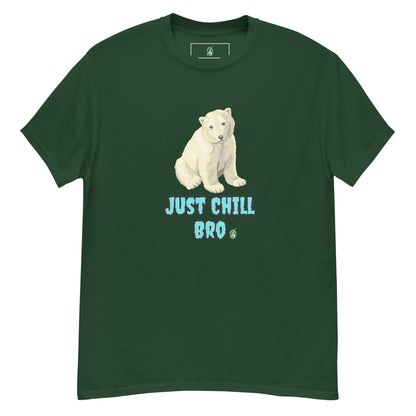 Men's green t-shirt with a printed graphic of a bear with the words, 'Just Chill Bro'. Designed by Wizard Prints.