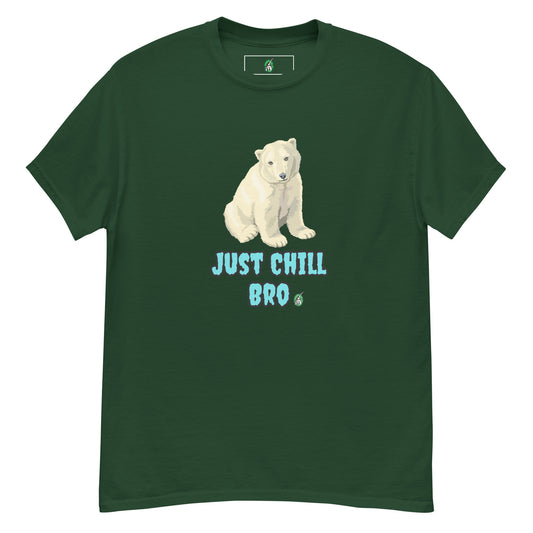 Men's green t-shirt with a printed graphic of a bear with the words, 'Just Chill Bro'. Designed by Wizard Prints.