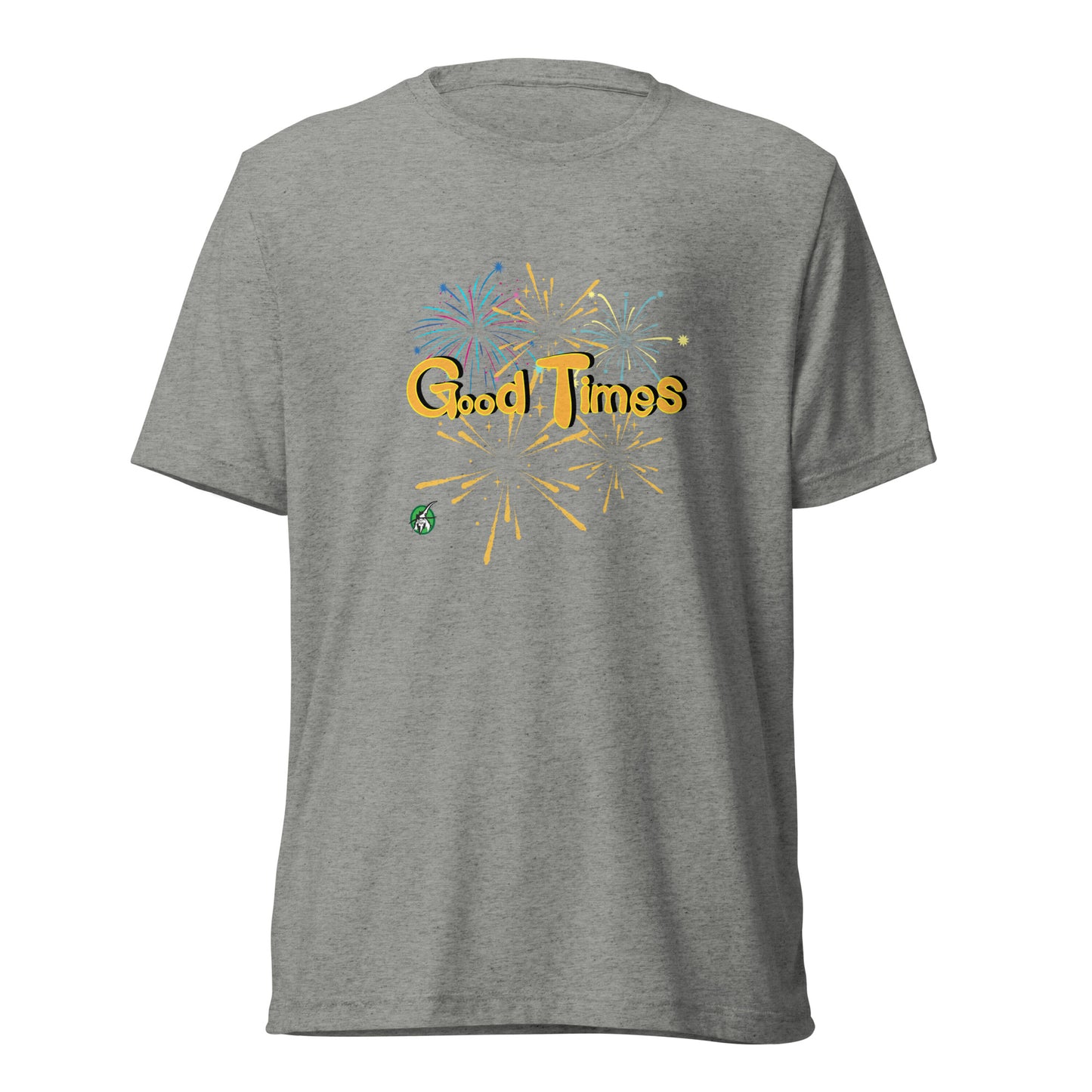 Men's grey tee shirt with a printed graphic of fireworks with the words, Good Times. Designed by Wizard Prints