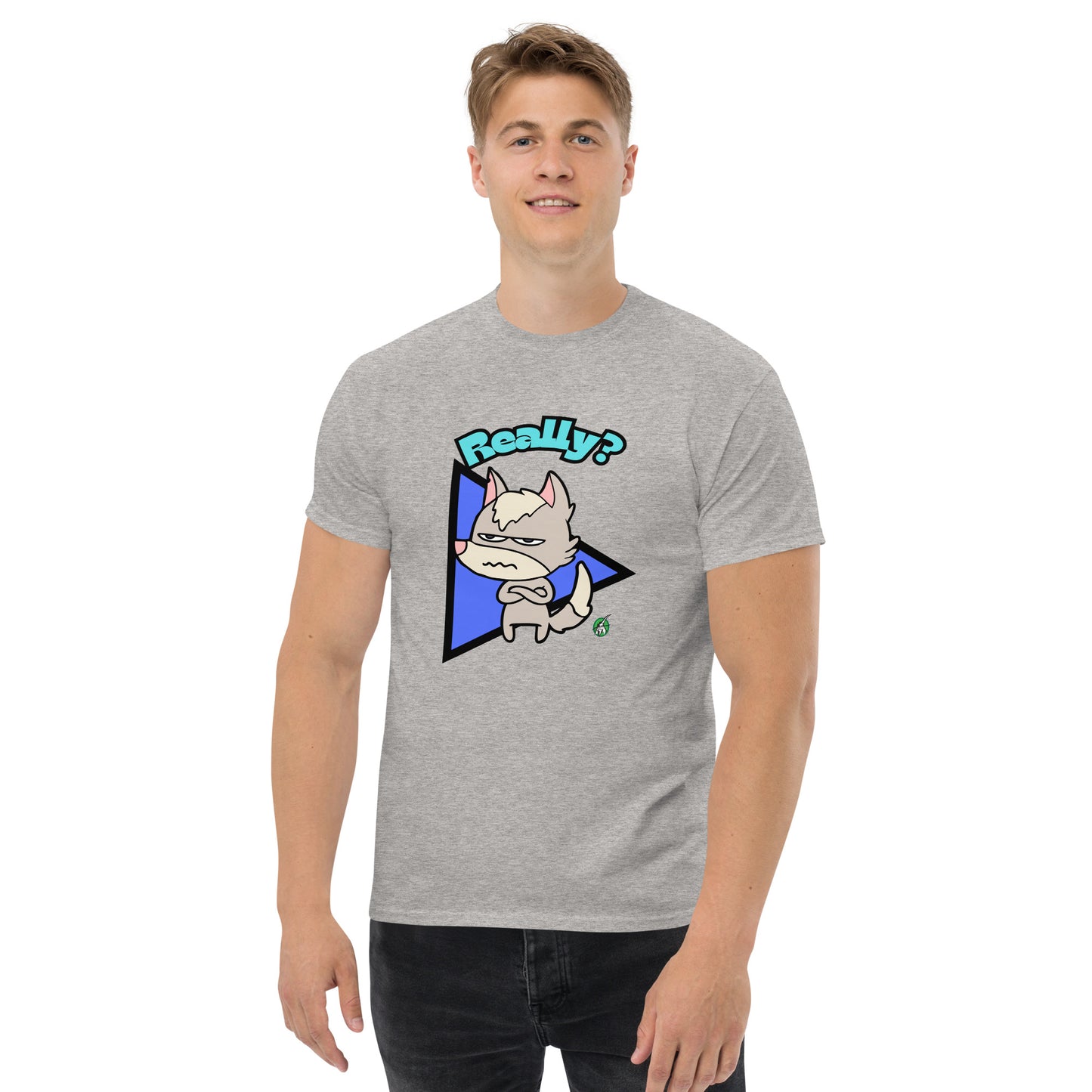 A man standing wearing a grey t-shirt with a printed graphic of a grumpy fox with the word, 'Really?'. Designed by Wizard Prints.