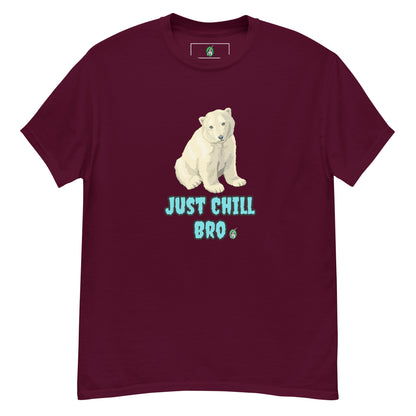 Men's maroon t-shirt with a printed graphic of a bear with the words, 'Just Chill Bro'. Designed by Wizard Prints.