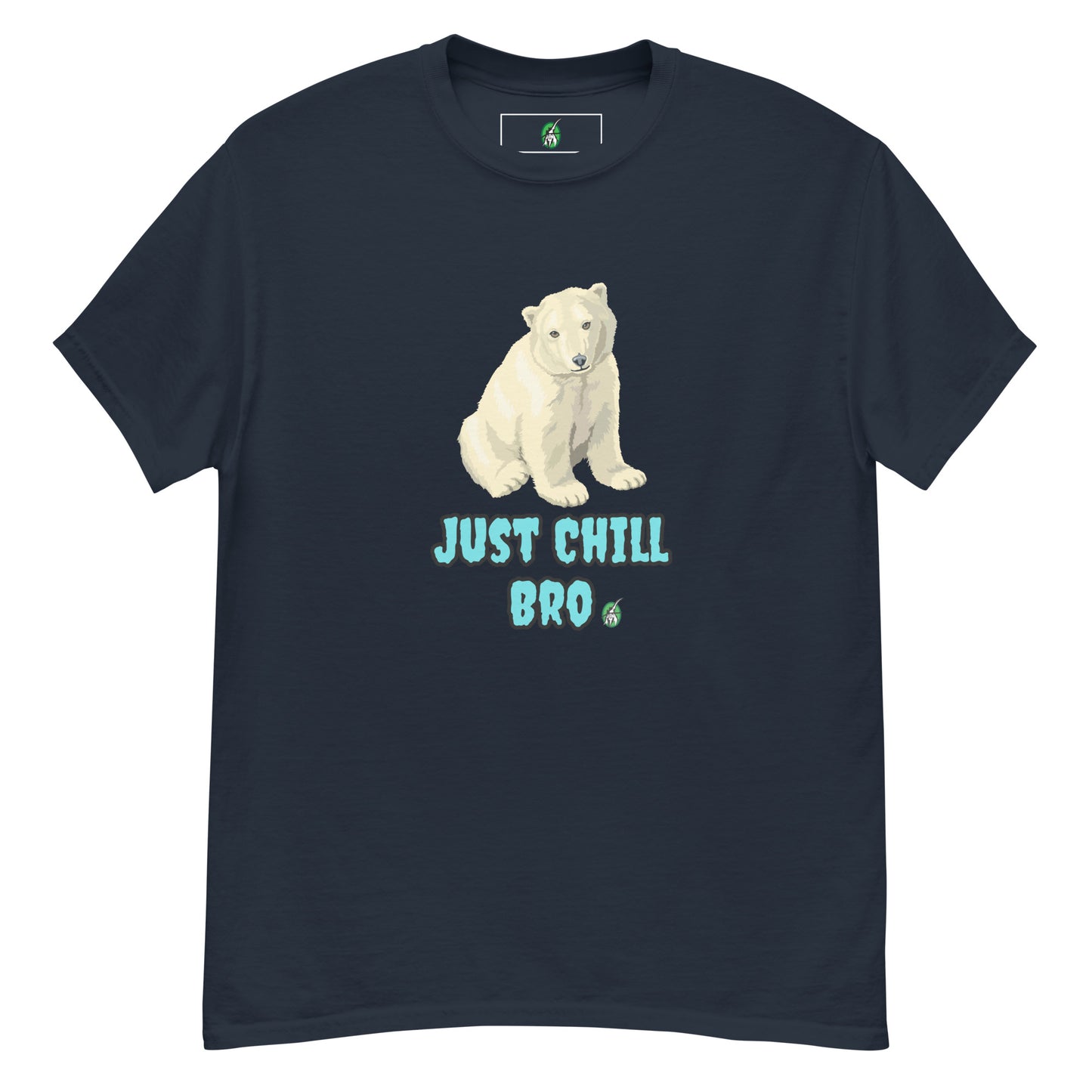Men's navy t-shirt with a printed graphic of a bear with the words, 'Just Chill Bro'. Designed by Wizard Prints.