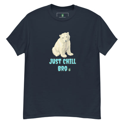 Men's navy t-shirt with a printed graphic of a bear with the words, 'Just Chill Bro'. Designed by Wizard Prints.