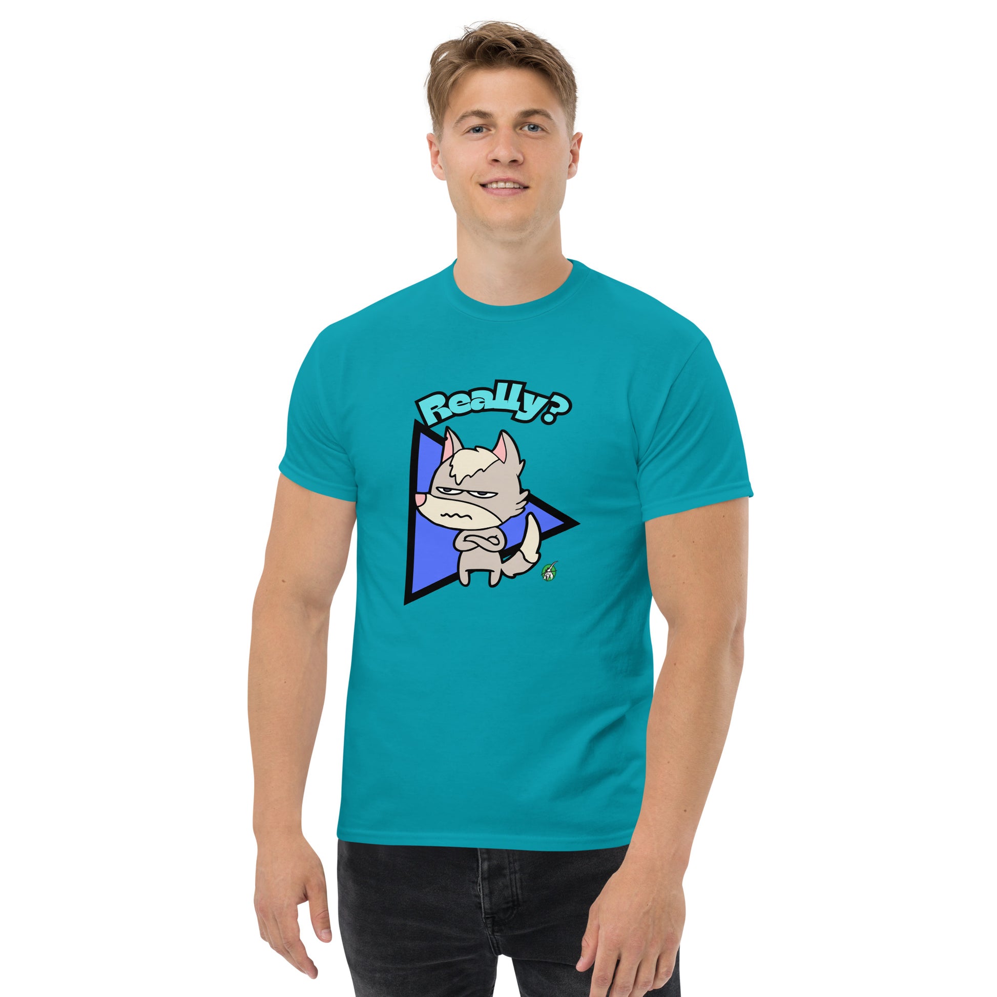 A man standing wearing a tropical blue t-shirt with a printed graphic of a grumpy fox with the word, 'Really?'. Designed by Wizard Prints.