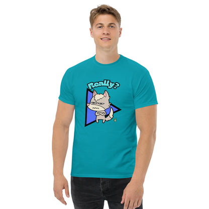 A man standing wearing a tropical blue t-shirt with a printed graphic of a grumpy fox with the word, 'Really?'. Designed by Wizard Prints.