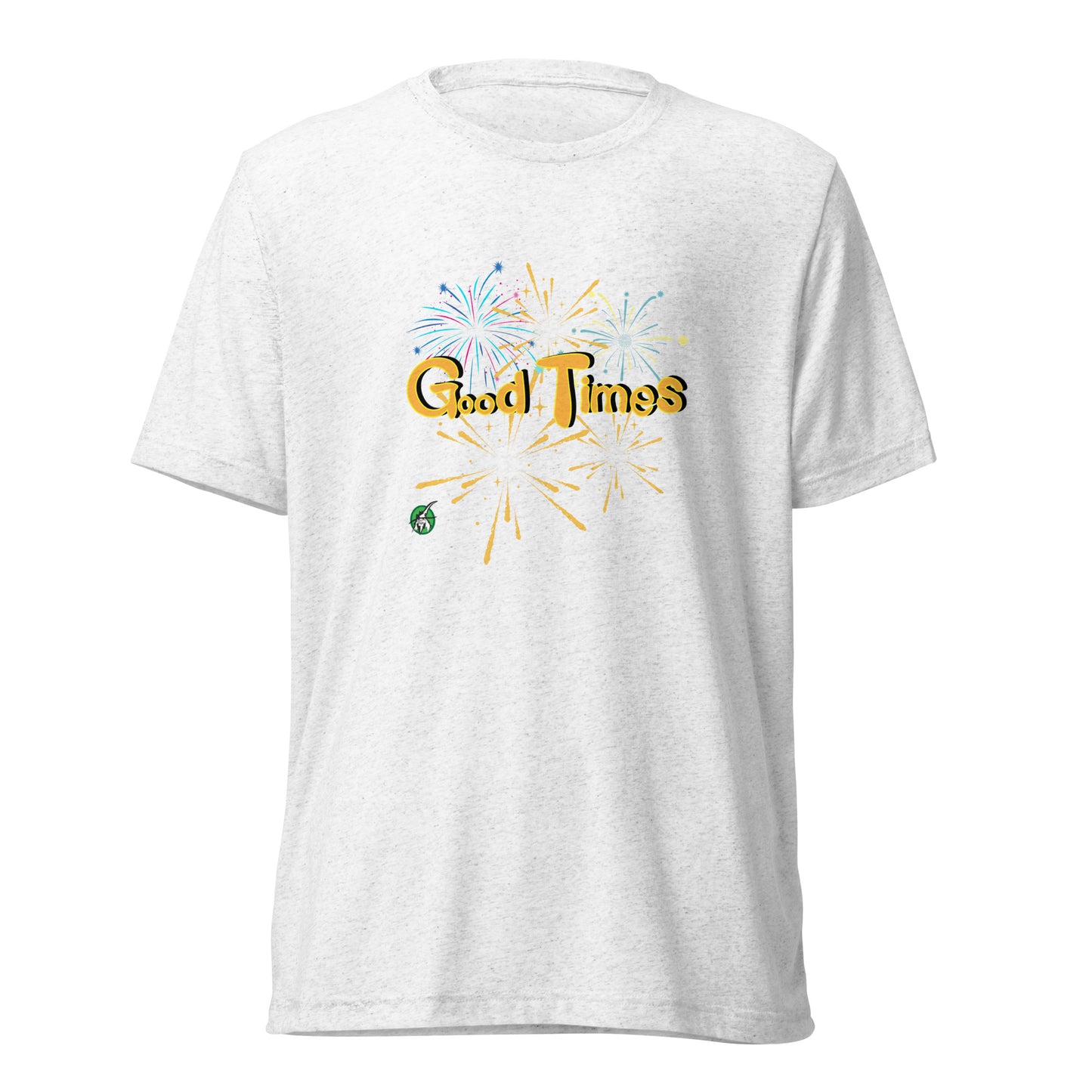 Men's white tee shirt with a printed graphic of fireworks with the words, Good Times. Designed by Wizard Prints