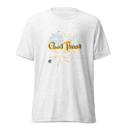 Men's white tee shirt with a printed graphic of fireworks with the words, Good Times. Designed by Wizard Prints