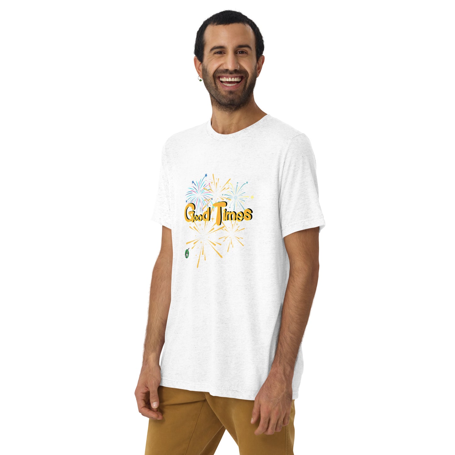 A man standing wearing a white tee shirt with a printed graphic of the sun and the words, Good Vibes. Designed by Wizard Prints