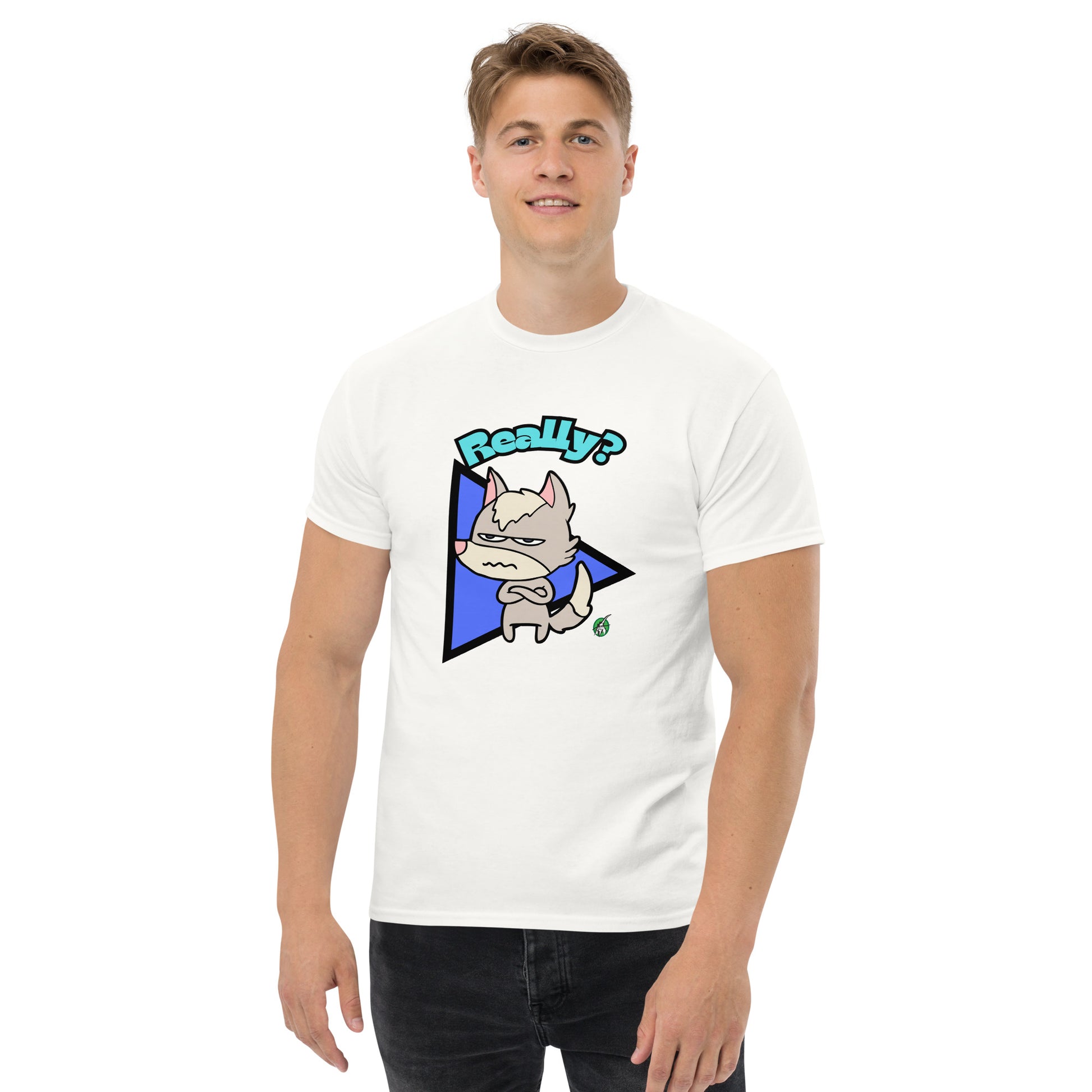 A man standing wearing a white t-shirt with a printed graphic of a grumpy fox with the word, 'Really?'. Designed by Wizard Prints.
