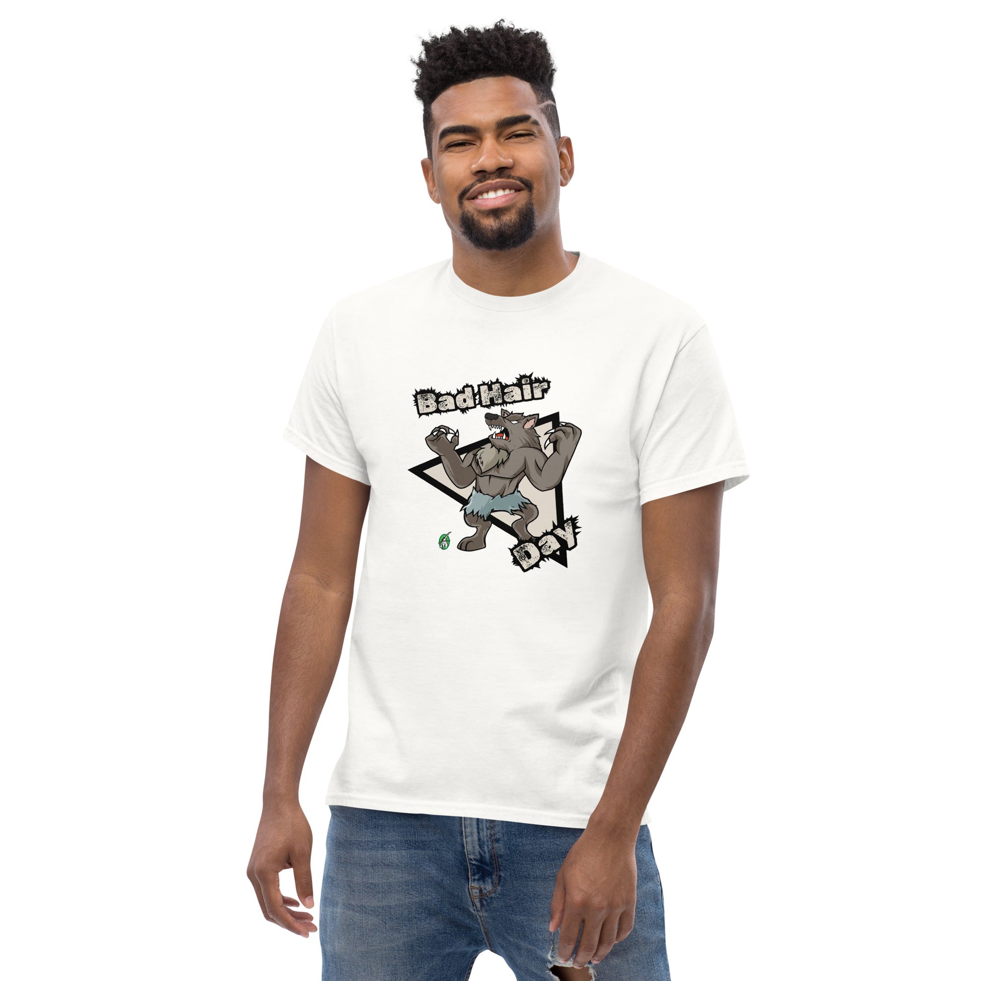A man standing wearing a white t-shirt with a printed graphic of a werewolf with the words, Bad Hair Day. Designed by Wizard Prints.