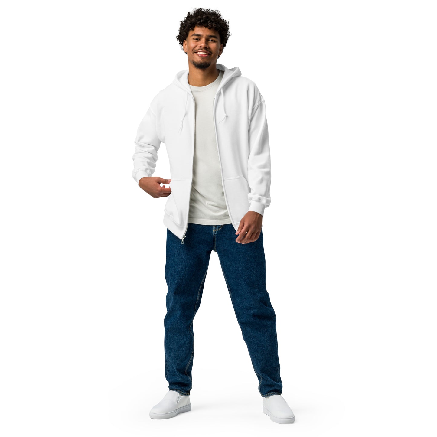 A man standing wearing a white zip through hoodie by Wizard Prints Shop and jeans