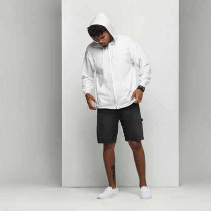 A man standing wearing a white zip through hoodie with a plain front by Wizard Prints Shop