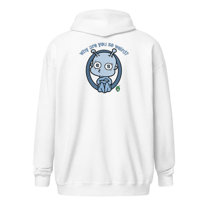 Men's white zip through hoodie with a pale blue graphic image on the back and the words, 'Why are you so Weird?' by Wizard Prints Shop