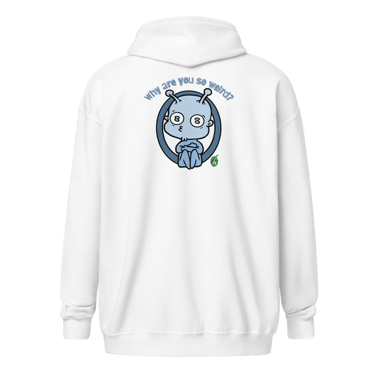 Men's white zip through hoodie with a pale blue graphic image on the back and the words, 'Why are you so Weird?' by Wizard Prints Shop