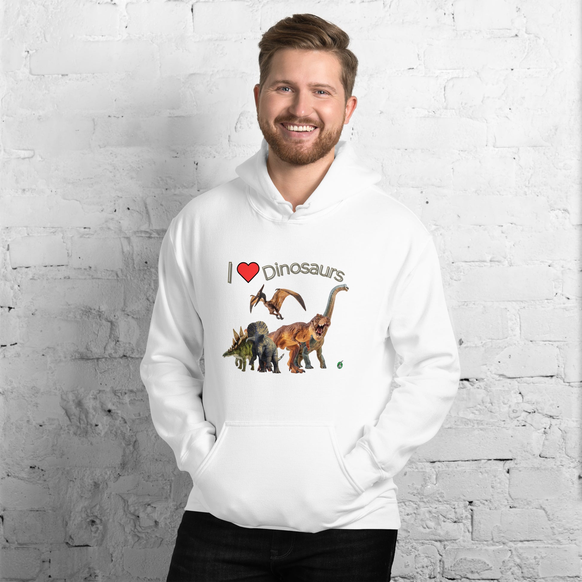 A man standing wearing a white hoodie with a printed graphic of life like dinosaurs and the statement, I love Dinosaurs. Designed by Wizard Prints.