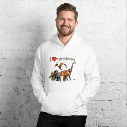 A man standing wearing a white hoodie with a printed graphic of life like dinosaurs and the statement, I love Dinosaurs. Designed by Wizard Prints.