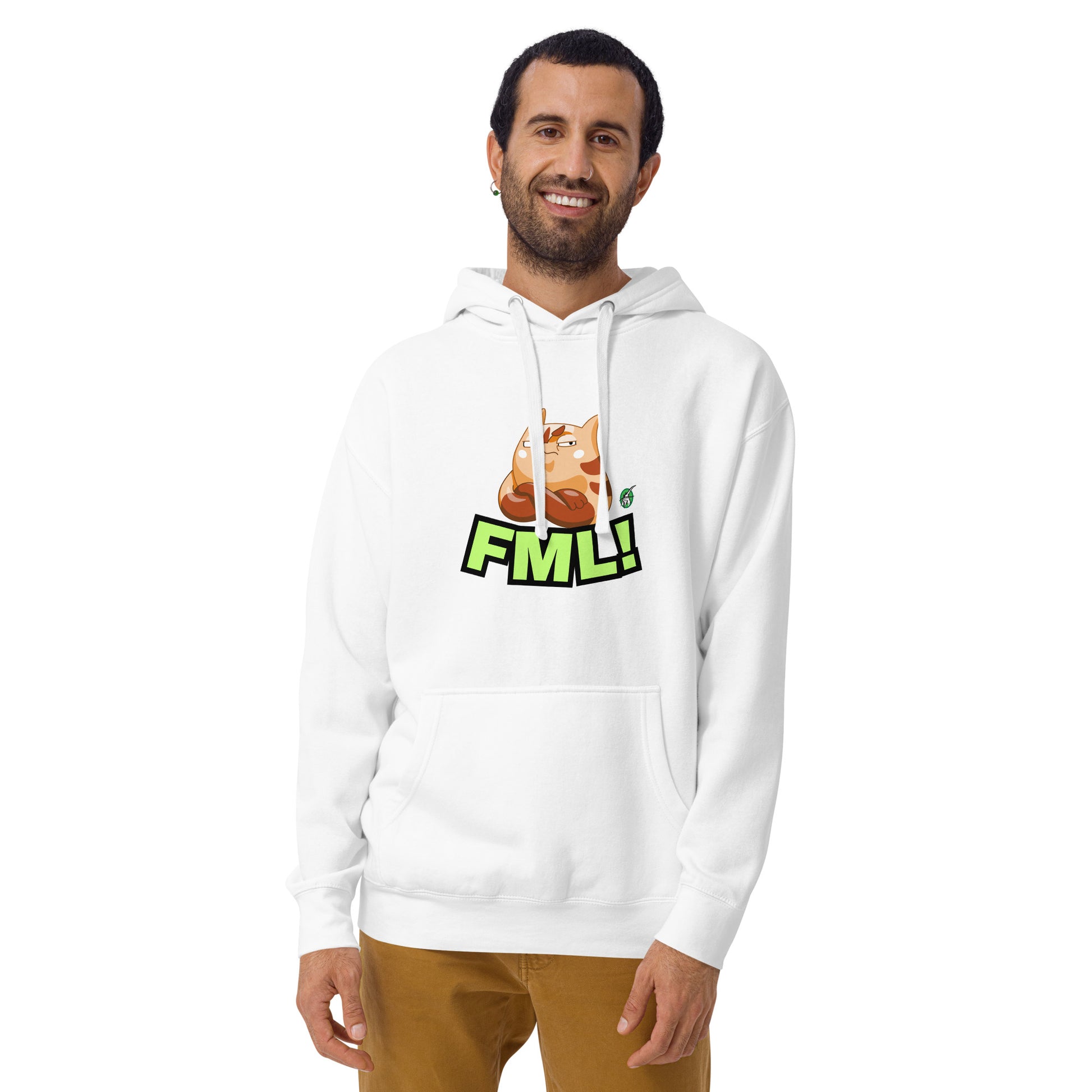 A man standing wearing a white hoodie with a printed graphic of a cat with the words, 'FML!'. Designed by Wizard Prints