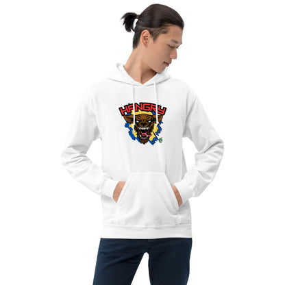 A man standing wearing a white hoodie by Wizard Prints featuring a printed graphic of an angry wolf and the word, Hangry.