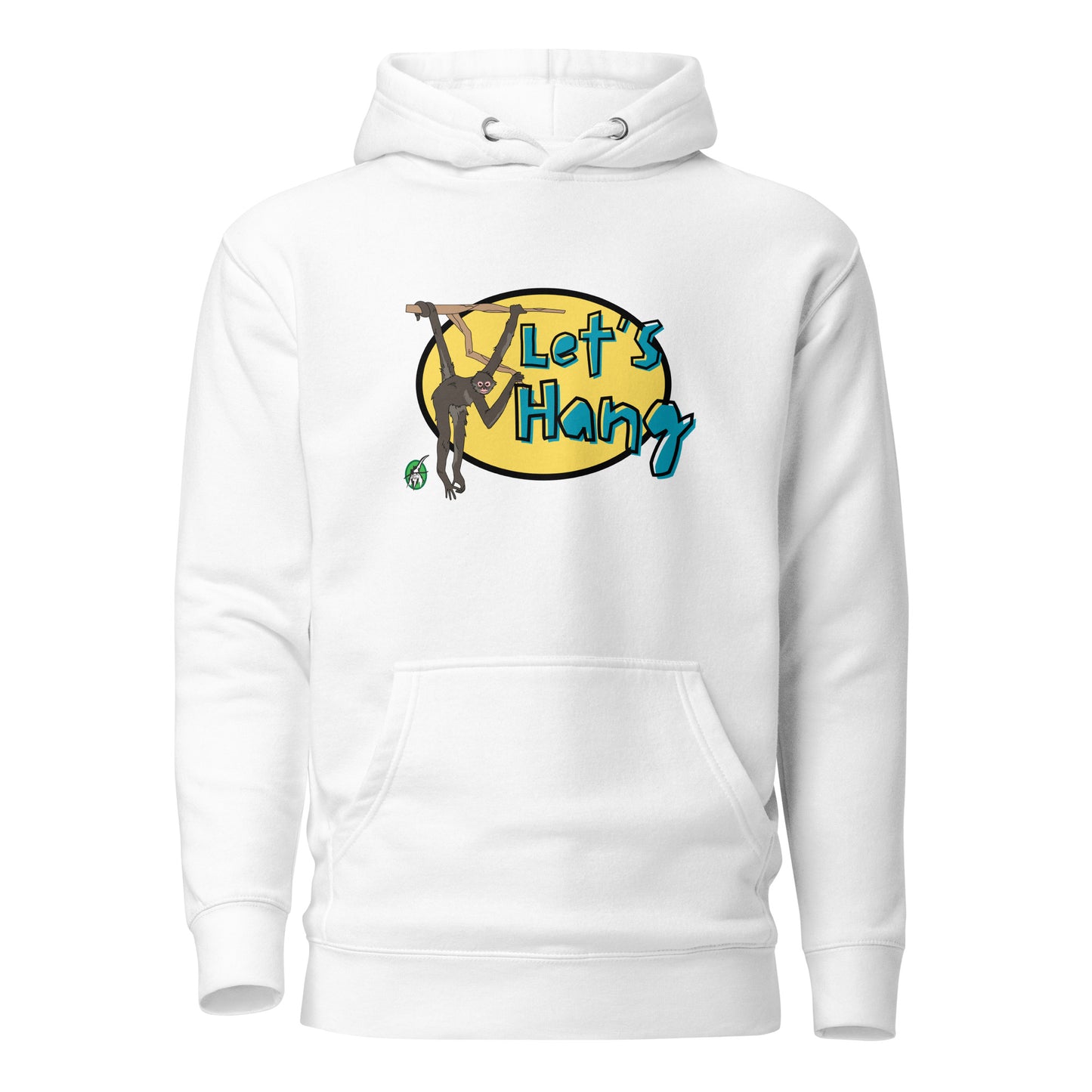 Men's white hoodie with a printed graphic of a monkey hanging on a branch with the words, Let's Hang. Designed by Wizard Prints.