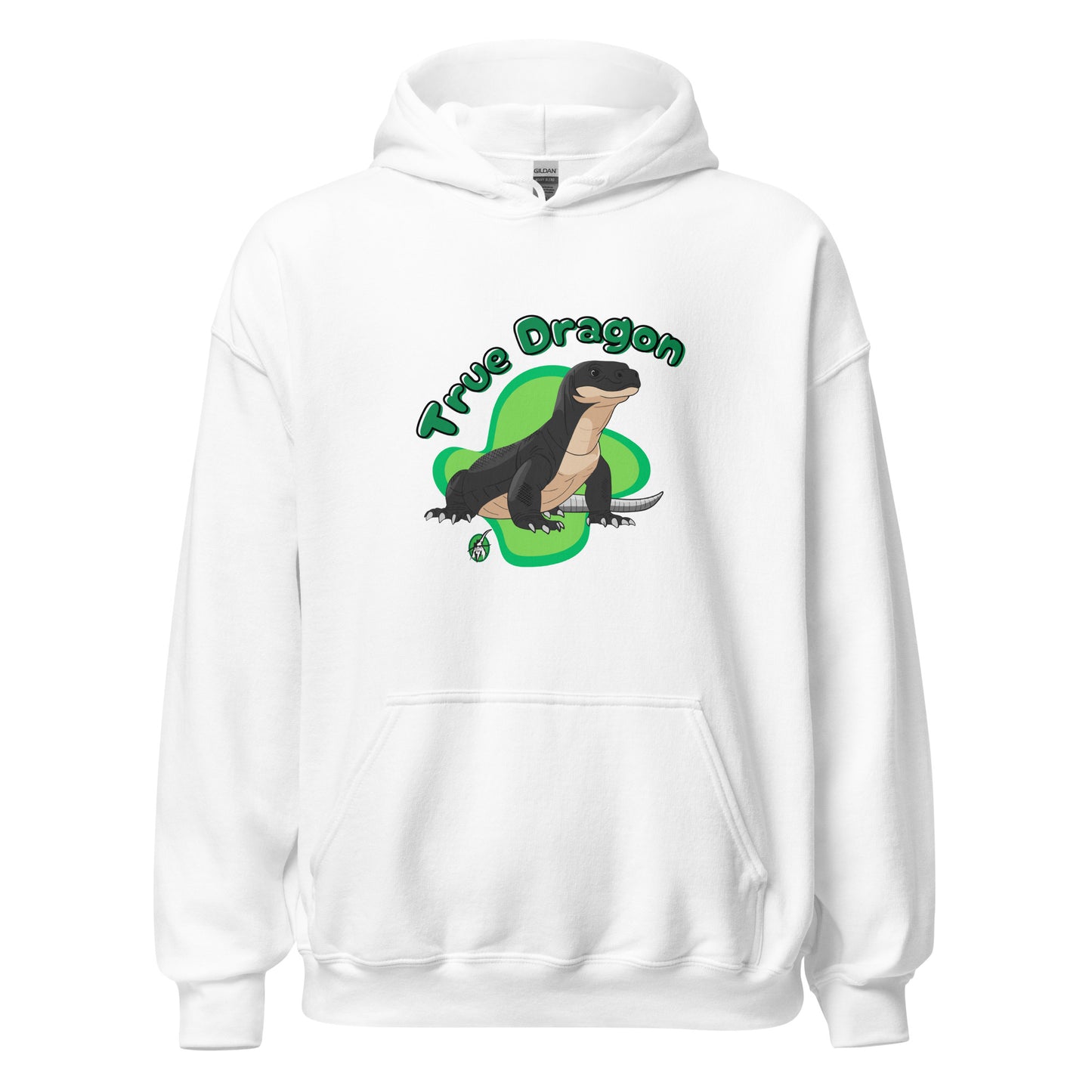 Men's white hoodie with a printed graphic of a komodo dragon and the words, True Dragon. Designed by Wizard Prints.
