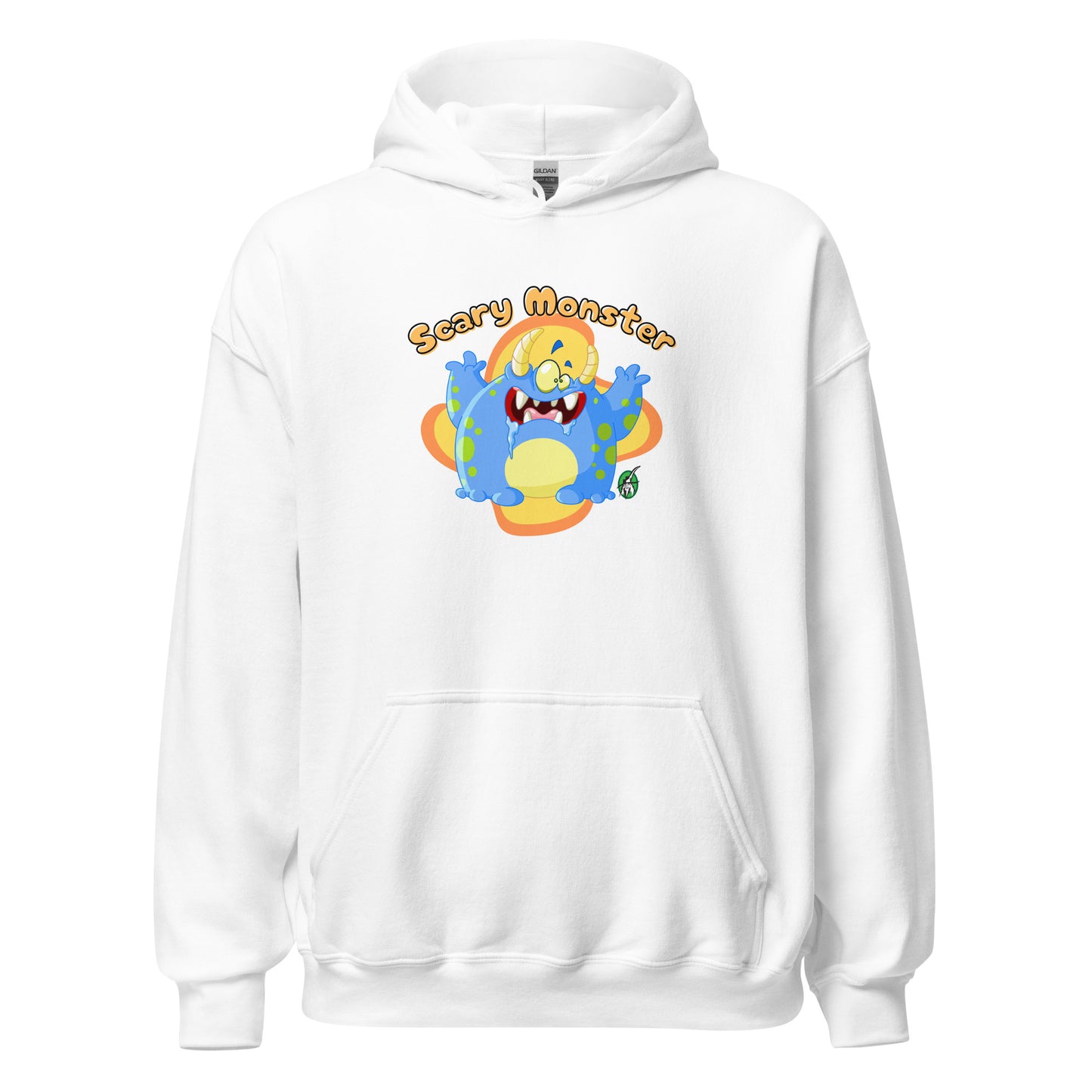 Men's white hoodie with a printed graphic of a cartoon monster and the words, Scary Monster. Designed by Wizard Prints.