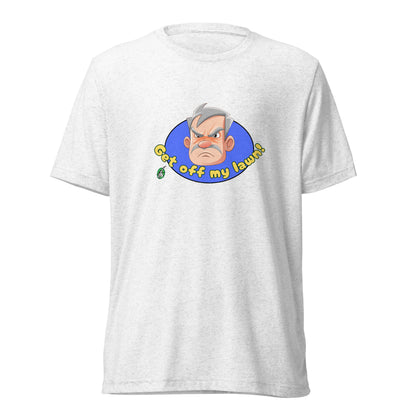 Men's white tee shirt with a printed graphic of an old man's grumpy face with the words, Get Off My Lawn. Designed by Wizard Prints