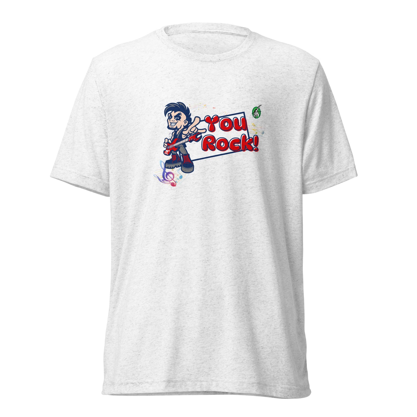 Men's white t-shirt by Wizard Prints featuring a printed graphic of a rock singer holding an electric guitar and the words, You Rock!