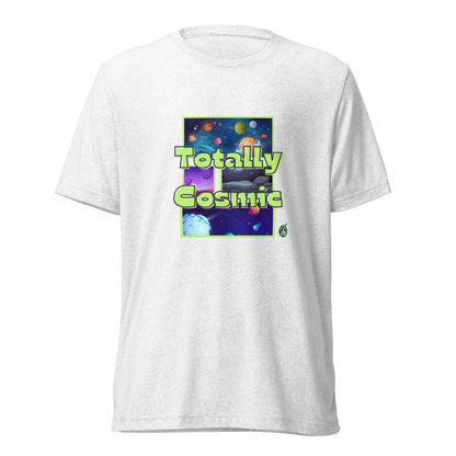 Men's white t-shirt by Wizard Prints featuring a printed graphic of colorful planets in the background with the words “Totally Cosmic” on top.