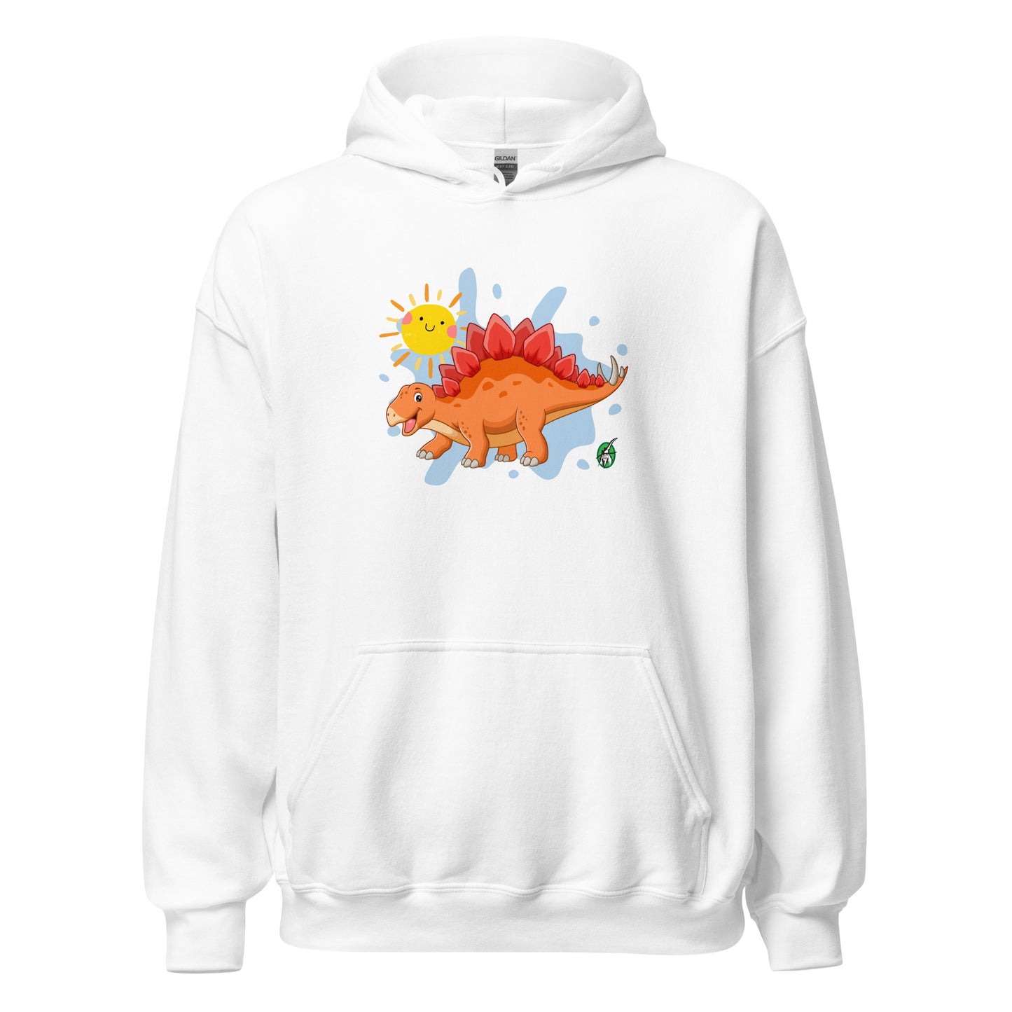 Men's white hoodie with the printed graphic of an orange cartoon dinosaur and the sun, by Wizard Prints.