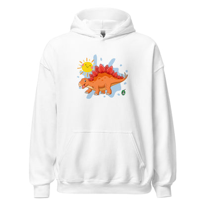 Men's white hoodie with the printed graphic of an orange cartoon dinosaur and the sun, by Wizard Prints.